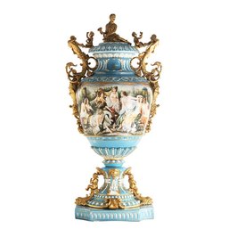 Cherubs And Society: A Teal And White Porcelain Vase With Hand-Painted Scenes