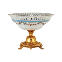Light Blue Porcelain Serving Bowl On Bronze Base: Intricate Elegance For Your Table