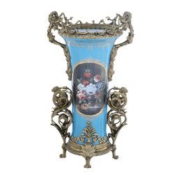 Majestic Hand-Painted Porcelain Vase With Bronze Vine Embellishments