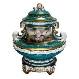 Vibrant Green Porcelain Jar With Gold-Accented Scroll Handles