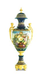 Striking Porcelain And Bronze Hand-Painted Cherub Handle Vase