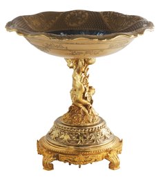 Cherub's Embrace: Hand-Painted Porcelain Bowl With Bronze Stem'