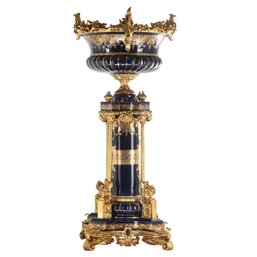 Ornate Bronze And Porcelain Hand-painted Decorative Bowl & Pedestal