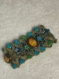 VICTORIAN CAMEO Art Deco Green & Blue Enamel Rhinestone Flower Brass Statement Bracelet