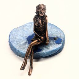 Bronze Tone Girl Figure And Stone/Crystal Slice Base