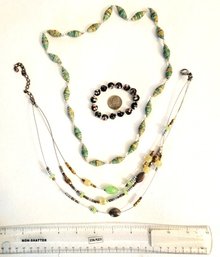 Two Costume Necklaces With Paper Wood Beads And Second With Glass And Metal Plus A Cloisonne Bracelet.