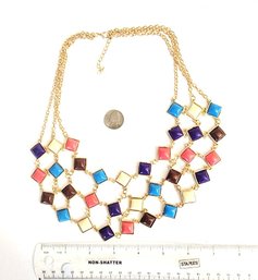 Unsigned Fashion Necklace With Gold Tone Framed Resin Squares In A Bold Multicolor Geometric Design!!