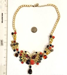 Unsigned Butterfly Necklace With Gold Tone Metal And Multicolor Stones In A Bold Statement Design!