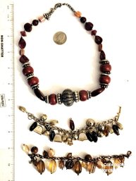 Vintage Bulky Necklace With Silver Tone Metal, Stones And Wood Plus One Jingly Charm And A Disney Tag