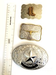 3 Vintage Cowboy And Big Texas State Belt Buckles With Texas State Buckle Two Nickel Silver Buckles!!