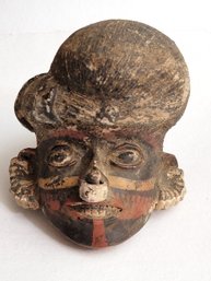 Ancient Moche Portrait Vessel Head Fragment With Original Mineral Pigments And Classic Combed Hair Style!!