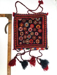 Mid Century Kurdish Or Luri Tribal Storage Bag Intact With Tassels Strong Color And Classic Rosette Motifs!