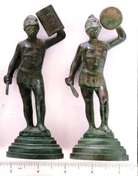 Antique Pair Of 5 Inch Tall Spelter Roman Gladiator Figures With A Verdigris Patina From The MIT Professor!