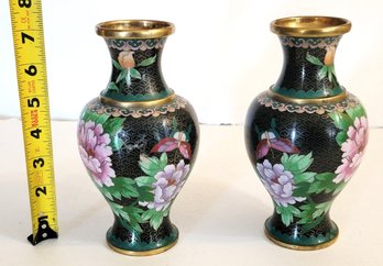 This Elegant Pair Of Vintage Chinese Cloisonn Vases Features A Striking Black Enamel Floral Front And Back!
