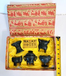 Striking Boxed Set Of Five Miniature Chinese Bronze Form Tripod Replicas With Bright Presentation Case!
