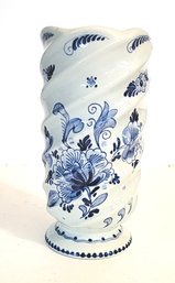 Hand Painted Mid Century Dutch Delft Schoonhoven Vase With Spiral Form Crisp Cobalt Floral Decoration!