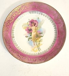 Antique 1920s Art Deco Edouard Bisson Fairy Porcelain Plate With Satin Pink Border And Heavy Gold Encrusting