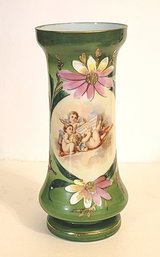 Period Art Nouveau Style Bristol Glass Hand Painted Vase With Cherub And Flowers With Fireglow Translucency!
