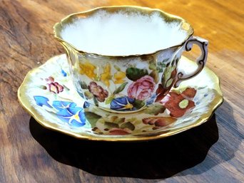 Lush Hand Painted Chintz Design Fine Bone China Teacup And Saucer By Hammersley 1939 To 1952 Gold Wash