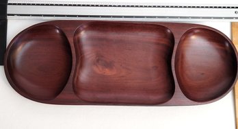 Vintage Mid Century Hand Carved Mahogany 3 Compartment Serving Tray  20' With Great Grain Color!