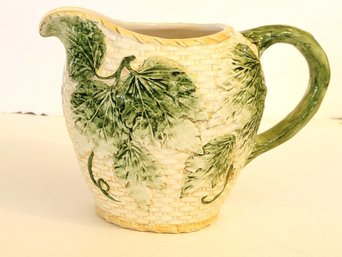 Vintage San Marco Nove Italy Majolica Pitcher Basketweave Green Leaves 6in. In Great Condition!