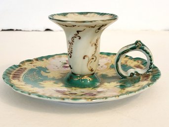 Late Victorian Porcelain Chamberstick With Hand Painted Florals Gilt Scrollwork And UV Verified Antique Glaze