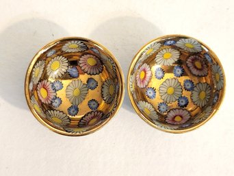 Pair Of Occupied Japan Kutani Giltinterior Sake Cups With Blue Landscape And Floral Enamel Decoration.