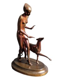 Art Deco Style Patinated Spelter (white Metal) Sculpture, Titled Woman With Greyhound, Classic Interwar Piece.