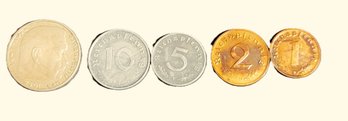 Five Coin German Reich Pfennig And Five Mark Silver Type Set From The 1930s Circulated Historical Issue
