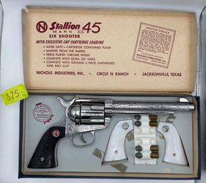 Nichols Ranch Stallion 45 Mark II Six Shooter Cap Gun W/ Pearl Handles & Bullets