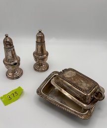 Sterling Silver S&p Shakers, Silverplated Miniature Serving Dish