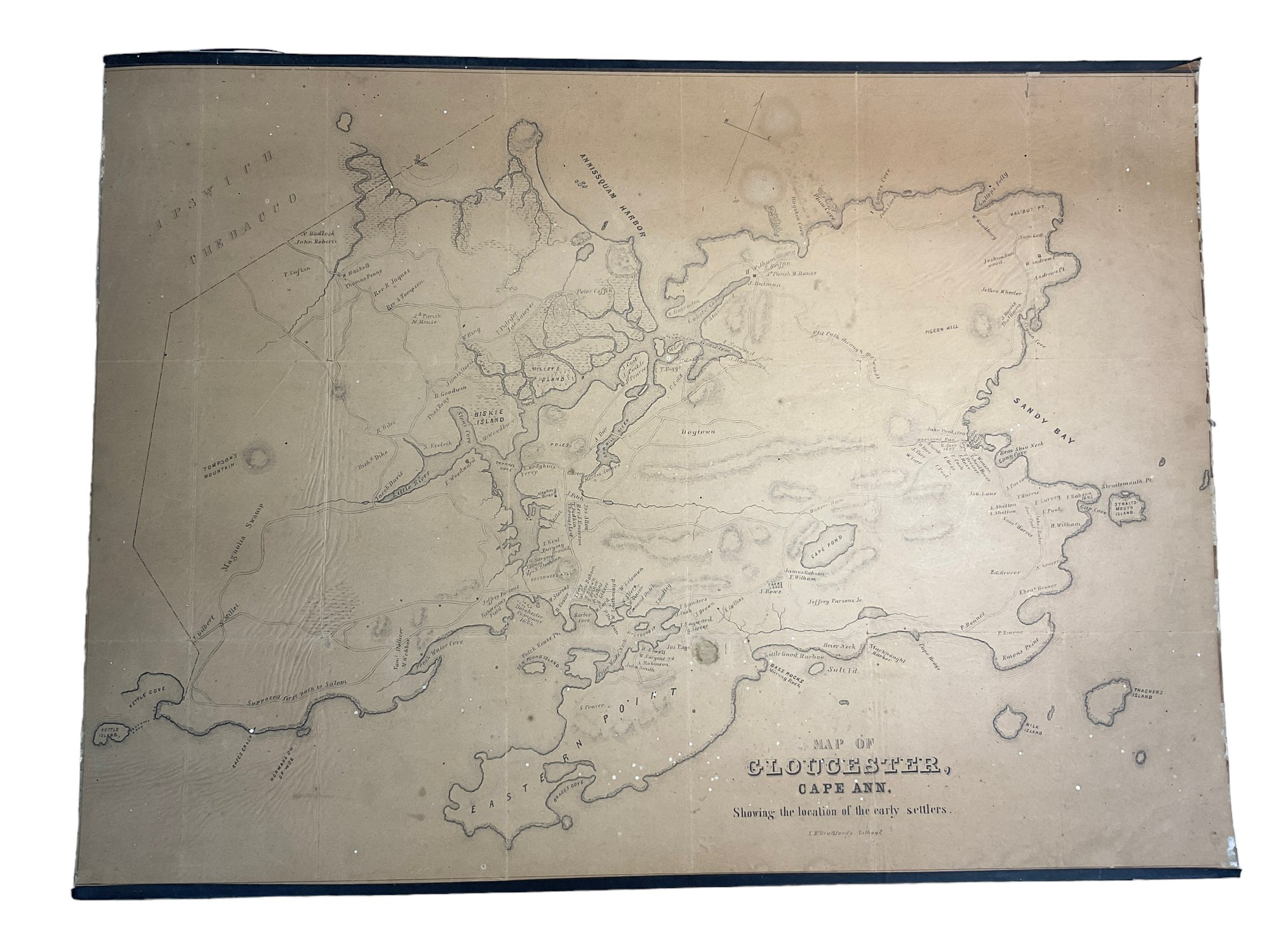 Antique 1860 Map Of Gloucester MA Cape Ann Showing Early Settler