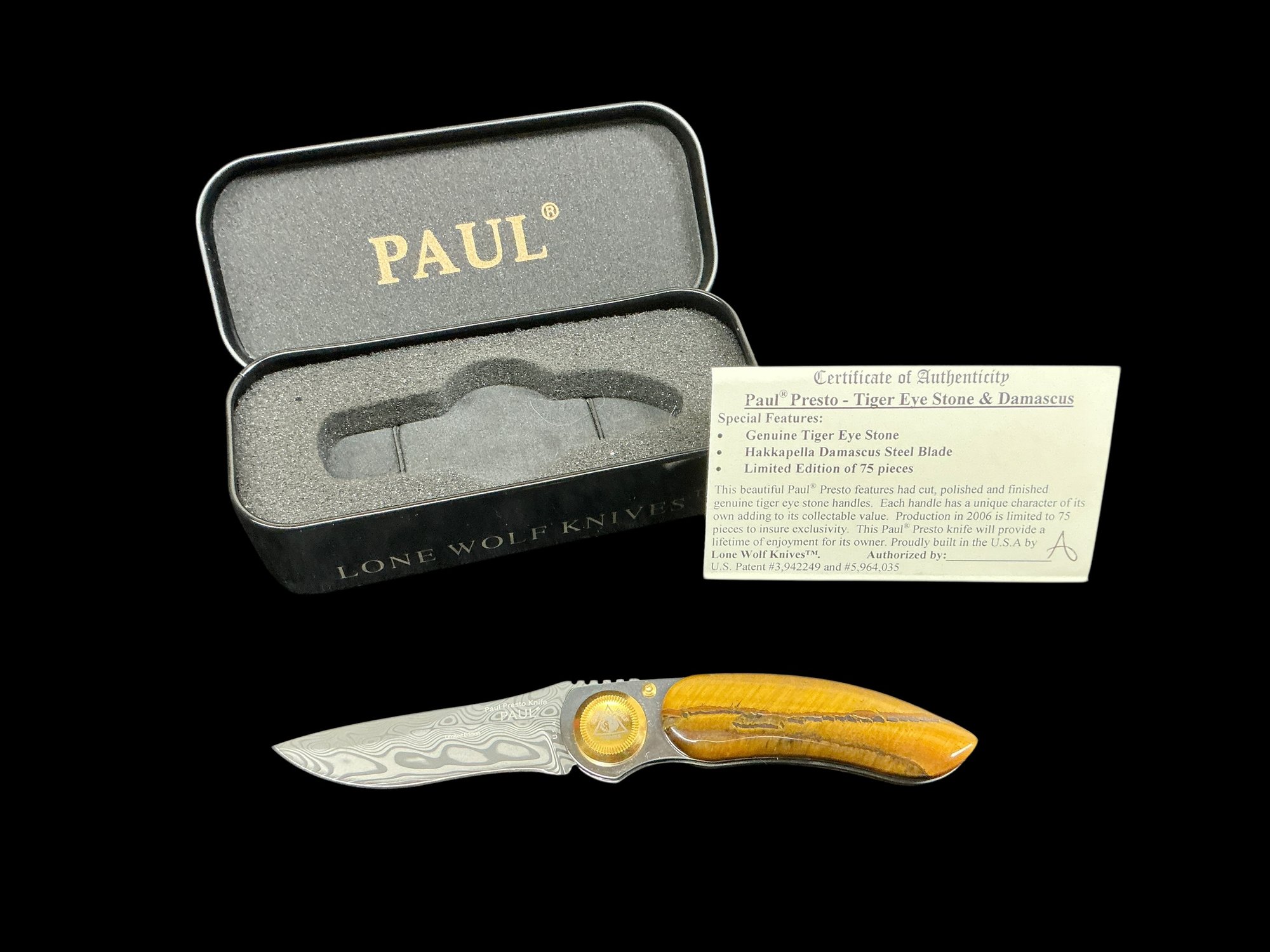 Lone Wolf Knives Paul Presto Tiger Eye And Damascus Hakkapella