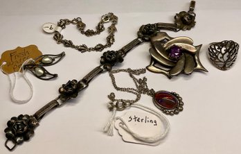 Sterling Silver Lot Of Pins, Bracelets, Necklace, And Ring