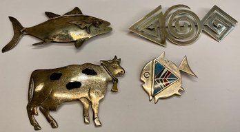 4 Sterling Silver Signed Pins A Cow, Symbols, And 2 Fish