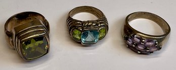 3 Sterling Silver Rings, Amethyst Peridot Topaz