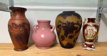 4 Vases, Terra Cotta, Art Pottery, Cameo Glass, Austrian