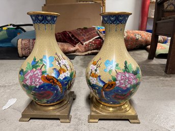 Pair Of Modern Era 15' Cloisonne Vases With Brass Stands