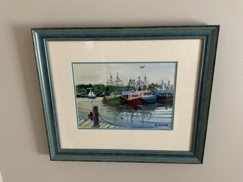 BERNARD GERSTNER  ( 1925 - 2017) Orig Watercolor Gloucester Fishing Boats At The Dock