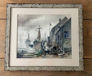 JOHN HARE (1908 - 1978) Original Watercolor Foggy Morning At The Wharf 15 X 19
