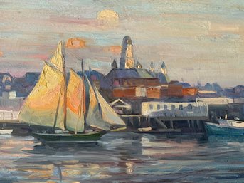KEN KNOWES  B.( 1968 -  ) Gloucester Harbor Sunset Oil On Masonite