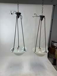 Pair Of Art Deco White Glass Bowl 3 Bulb Fixtures