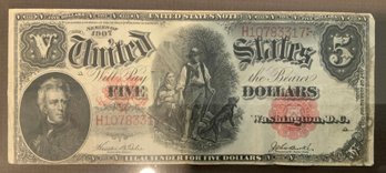 1907 U.S. Note $5 Bill With Handwritten Provenance, Framed Vintage Currency Display