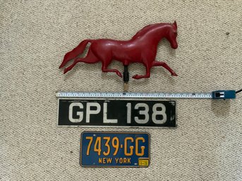 Antique / Vintage Metal Lot Horse Weathervane Topper License Plates