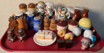 Tray Lot With 18 Plus Pairs Of Vintage Salt & Pepper Shakers