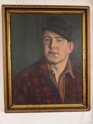 Mid 20th Century Oil Painting Handsome Gent In Work Clothes And Sully Cap