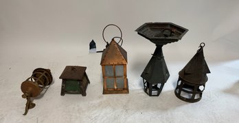 Lot Of 5 Antique/Vintage Lanterns, Stained Glass, Coppper Rivets Etc