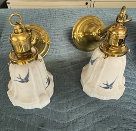 Pair Of Brass  Wall Sconces With 2 & 1/4' Fitter Adorable Blue Jay Painted On Glass Shades