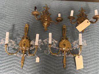 2 Pair Of Vintage Mid Century Sconces Louis XVI  Brass And Crystal And Spanish Cast Brass