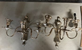 Pair Of 3 Arm Silver Plated Wall Sconces As Found